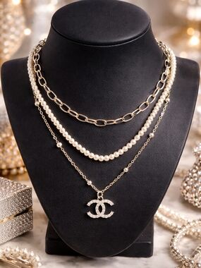 Silver and Pearl Layered Necklace Set with Crystal Pendant